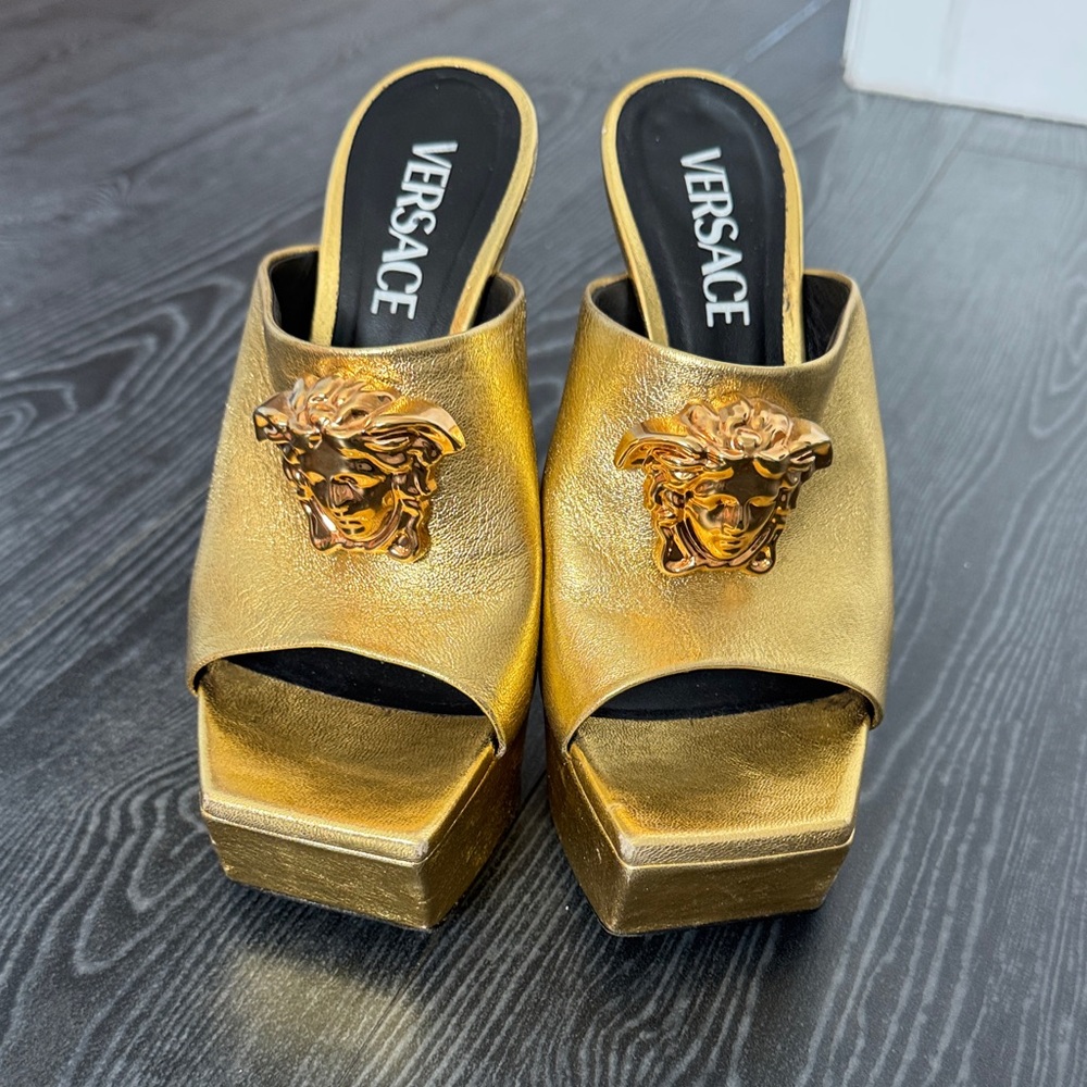 Versace Metallic Gold Medusa Platform Mules